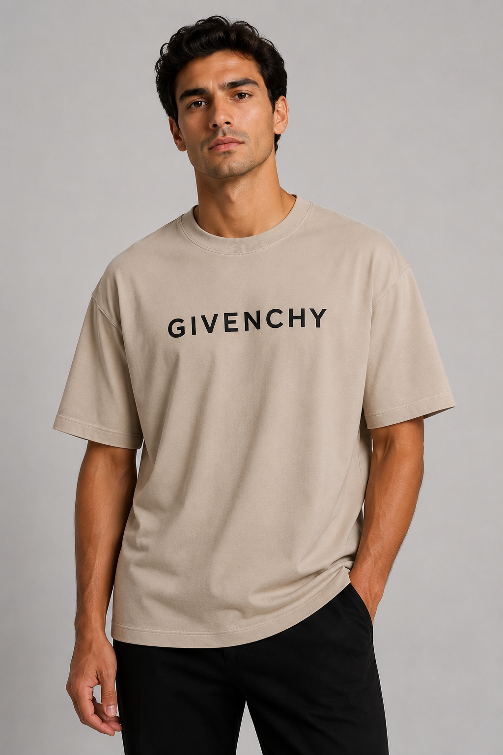 GIVENCHY PARIS Down Shoulder Oversized Logo T-Shirt | Cream Beige